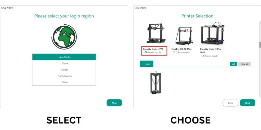 login region and select printer