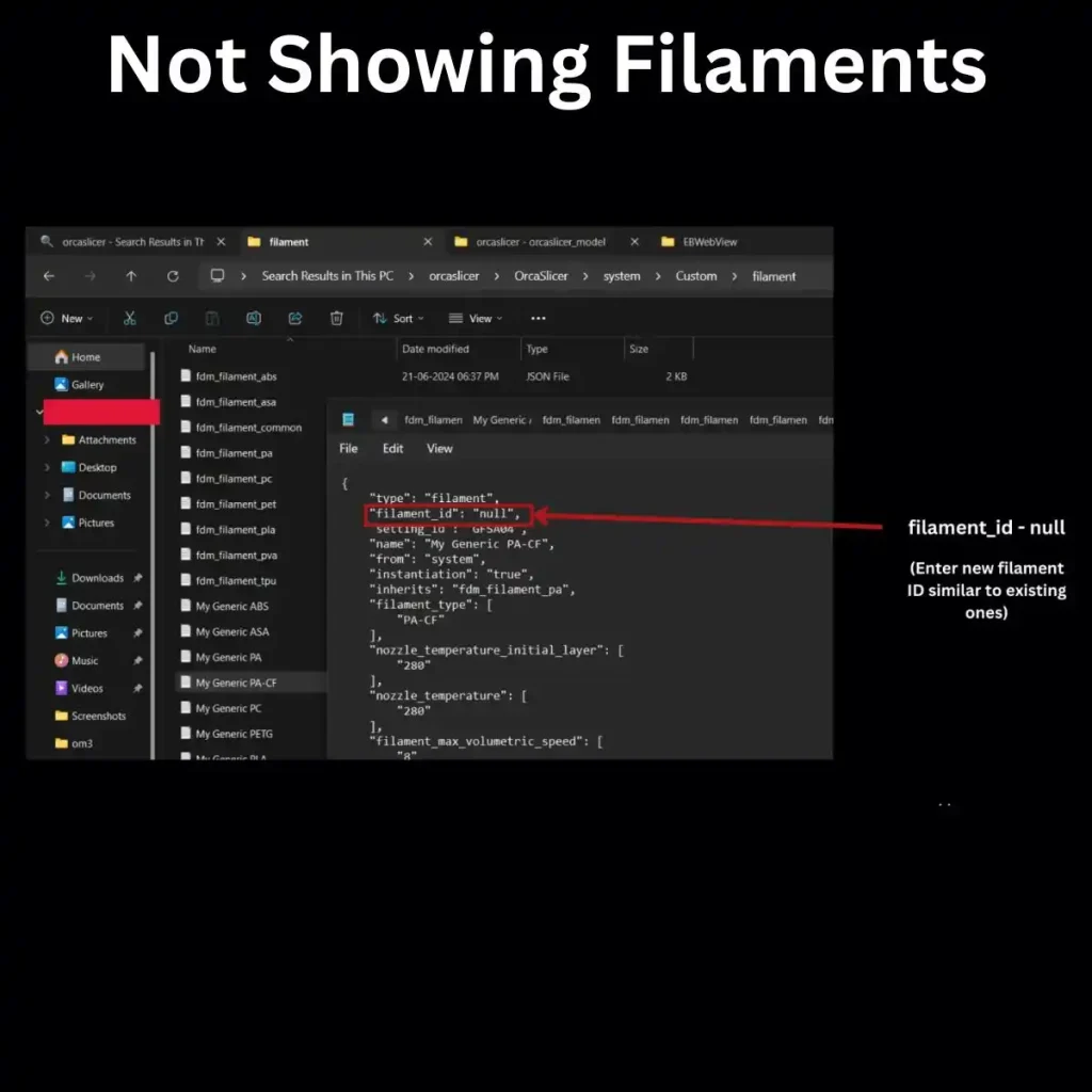 orca not showing filaments